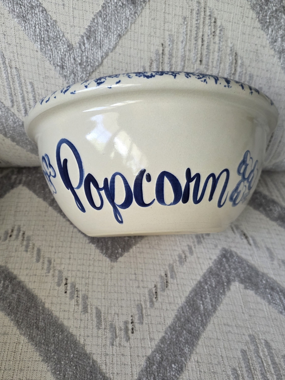 Cream and Blue Ceramic Popcorn Serving Bowl